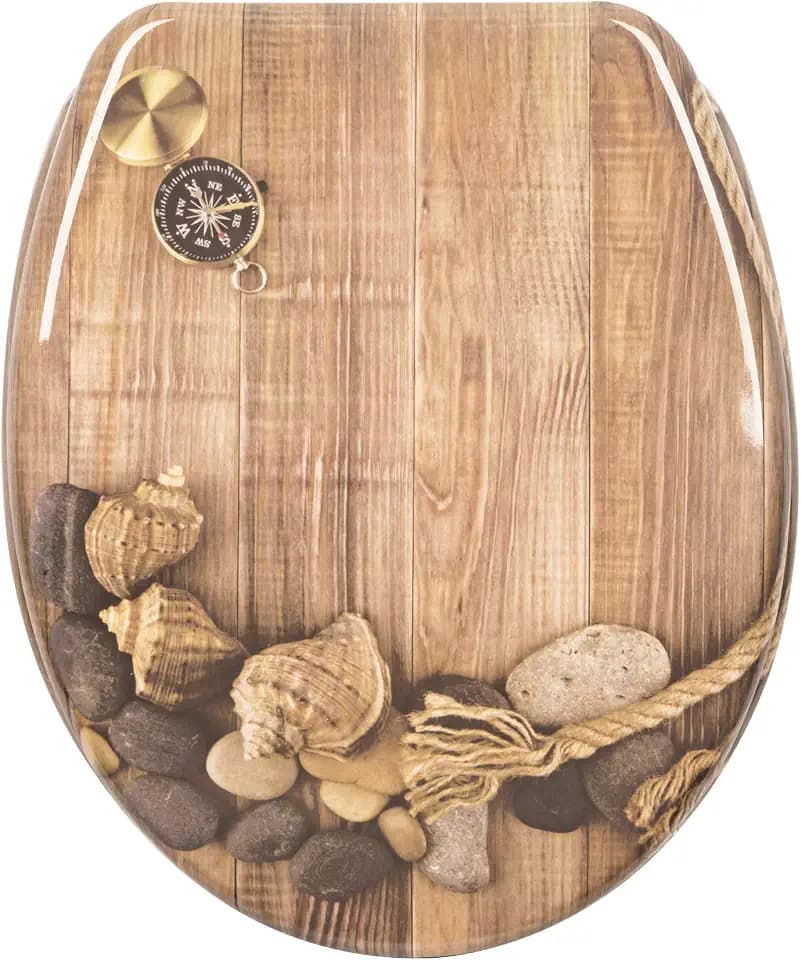 WOLTU WC Sitz mit Absenkautomatik,Toilettensitz Motiv, Toilettendeckel aus Duroplast, Stable Klodeckel Hochwertige Qualität Toilettenbrille,Oval,Beige Schale