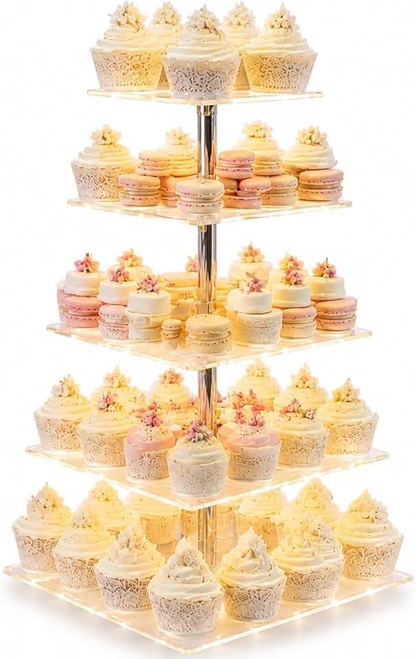 Cupcake Stand, Elegant Cupcake Holder with Brighter Yellow LED String Light, Clear 5-Tier Square Acrylic Cupcake Tower for Wedding, Birthday, Baby Shower, Party (Yellow light)