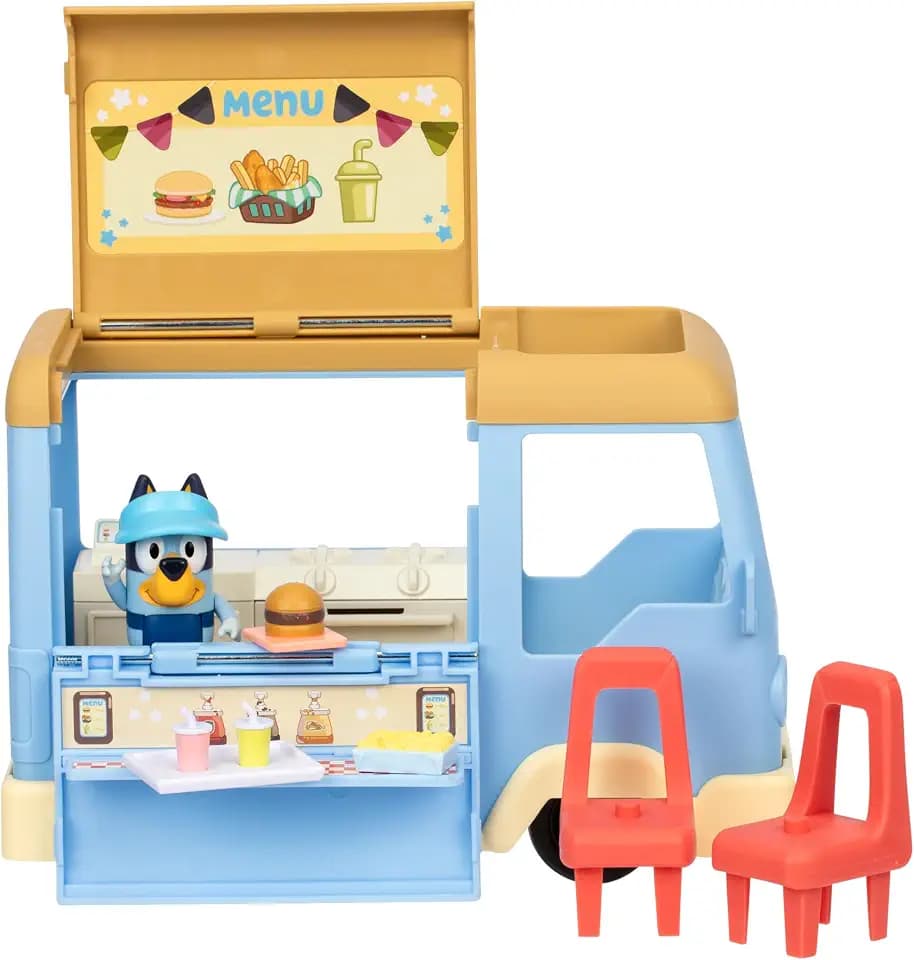 BlueY Spielset ausklappbarer Imbisswagen, verwandelt Sich in EIN Café mit Essbereich und Stühlen, Enthält Exklusive Figur mit Schürze und Sonnenblente, 5 Zubehörteile und Stickerbogen
