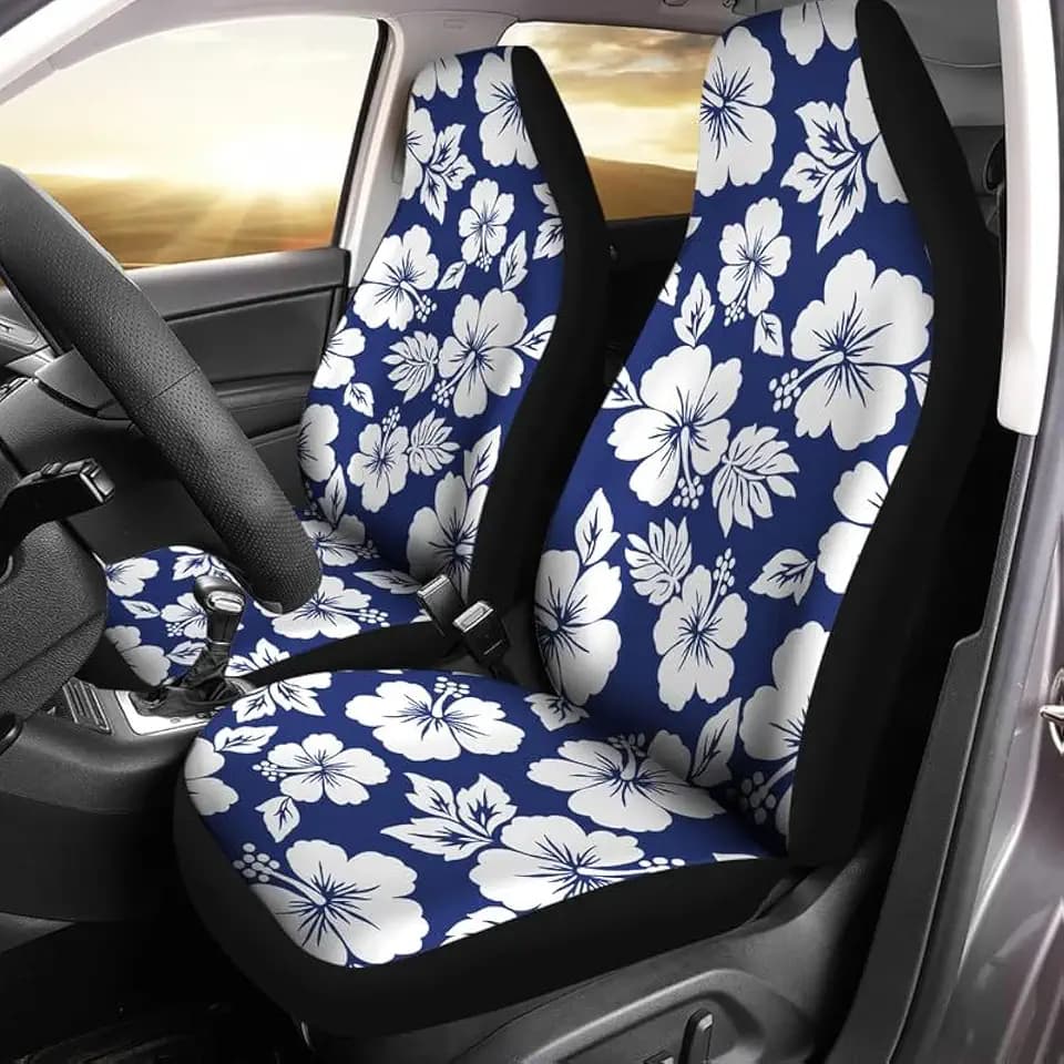 Bulopur Blue White Hibiscus Flower Car Seat Covers 2 Pcs Universal Fit Front Car Interior Seat Protectors Polyester Fabric