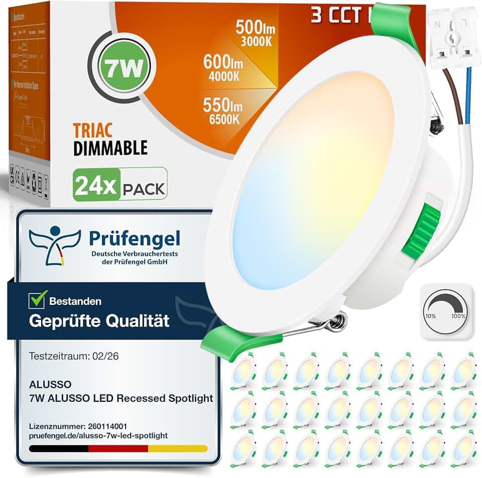 ALUSSO LED Einbaustrahler 230V Dimmbar 7W Ultra Flach IP44 LED Spots 68mm Warmweiß Neutralweiß Kaltweiß Deckenspots für Badezimmer Küche Wohnzimmer, Weiss, 24er Set