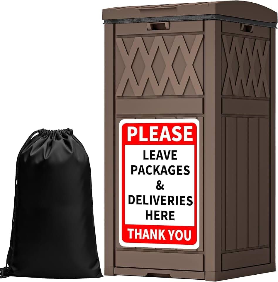 YITAHOME Package Delivery Box with Lift-Out Bag, 31 Gallon Waterproof Parcel Drop Box with Sign, Resin Porch Package Container for Curbside& Outdoor Use, Dark Brown