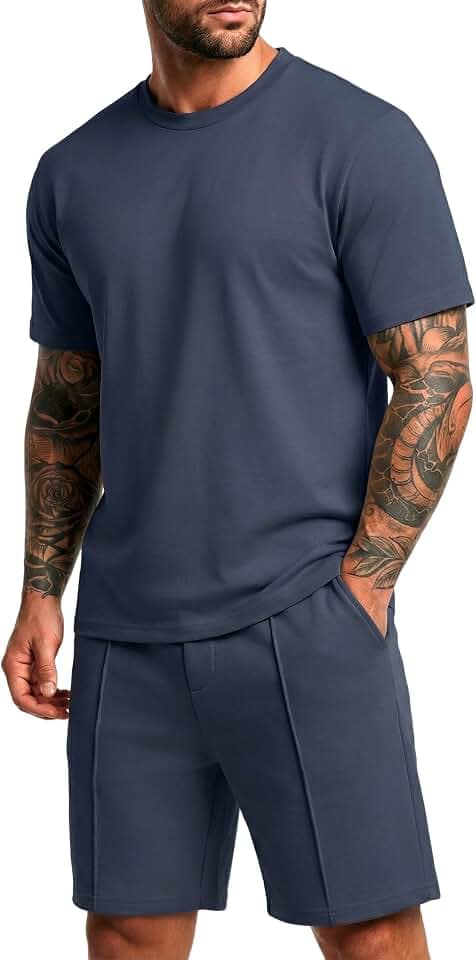 QIXING 2-Teiler Herren Sommer Outfit Kurz Trainingsanzug Hemd & Shorts Set Freizeitanzug mit Taschen Kurzarm