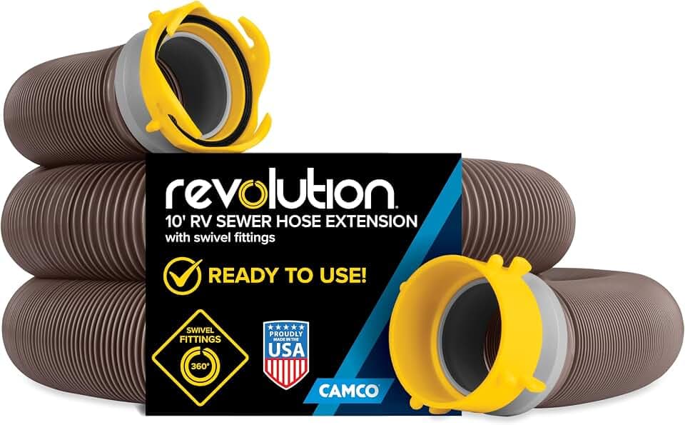 Camco Revolution 10-Foot Camper/RV Sewer Hose Kit - Features Pre-Attached 360-Degree Rotating Fittings - Includes Wire Guards (39639)
