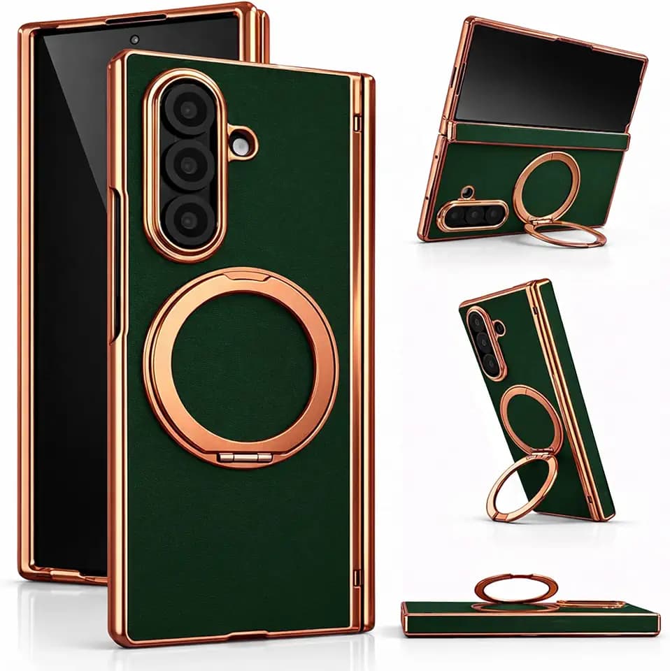 Genuine Leather Case for Galaxy Z Fold 7, Slim MagSafe Compatible Cover with Hinge Protection, Military-Grade Drop Protection, 360° Rotating Magnetic Kickstand (Green(Gold Trim))