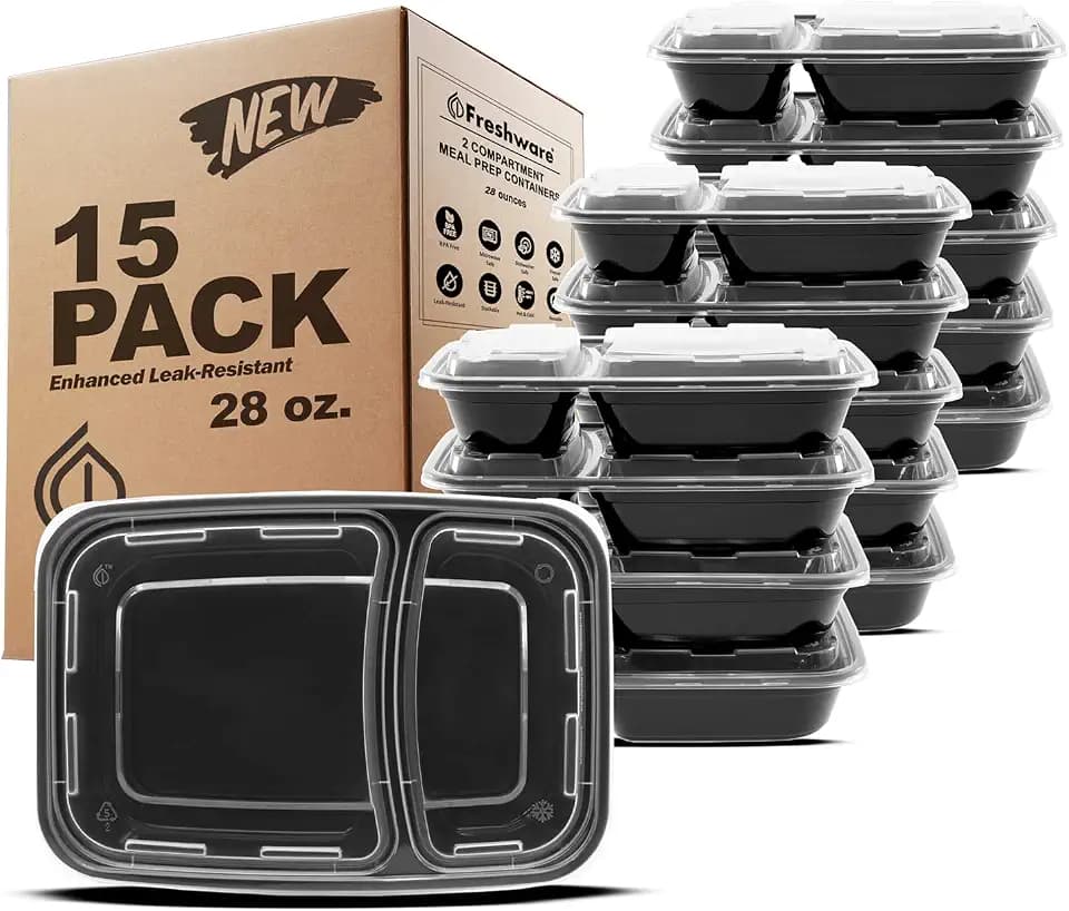Freshware Meal Prep Containers with Lids 28 oz [15 Pack] 2-Compartment Food Storage Containers, Bento Box Lunch Containers, BPA Free, Airtight, Stackable, Reusable, Microwave/Dishwasher/Freezer Safe
