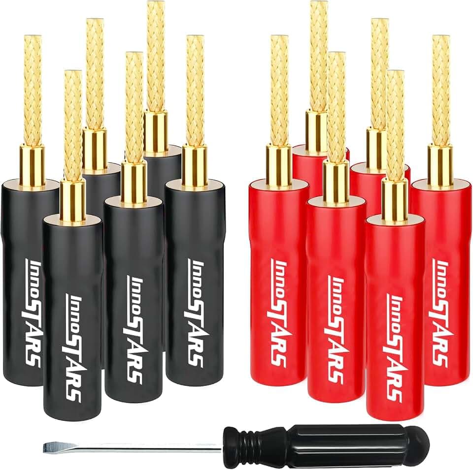 Flex Pin Banana Plugs Connector (6 Pairs, 12 Pcs), 2MM Braided, 24K Gold-Plated, Insulated for Speaker Wire, Wall Plate, Home Theater and Sound Systems