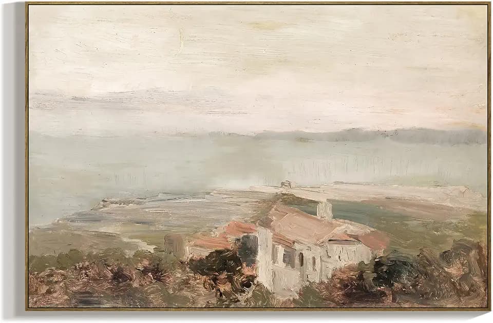 RaphelArt Large Framed Canvas Wall Art Home Decor,The House on The Coastal Vintage Decor,Warm Tone Landscape Painting Canvas Wall Art Decor for Living Room,Office,Bedroom,Bathroom,Kitchen,24''x36''