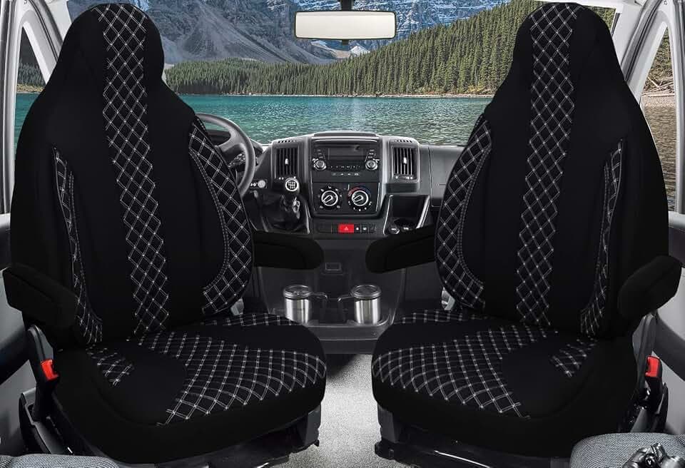 BREMER SITZBEZÜGE Maß Piloten Schonbezüge Sitzbezüge kompatibel mit Wohnmobil Ducato Weinsberg Adria Dethleffs Zubehör | 2er Schonbezug Set inkl. Armlehnen-Bezüge in Schwarz/Weiße Naht | WPL408