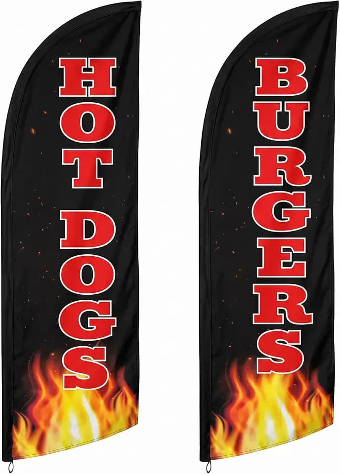 Hot Dog Banner - Hotdog & Burger Flags - Hot Dog Sign Feather Flags for Business Storefronts, Retailers, Shops, Food Trucks Set of 2 12ft x 2.5ft Polyester 150D (Pole and hardware are not included)