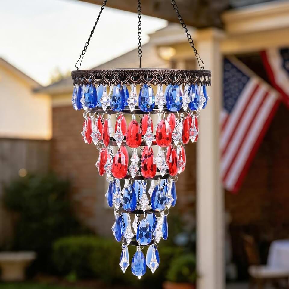 Solar Hanging Crystal Chandelier Patriotic Flag Decoration