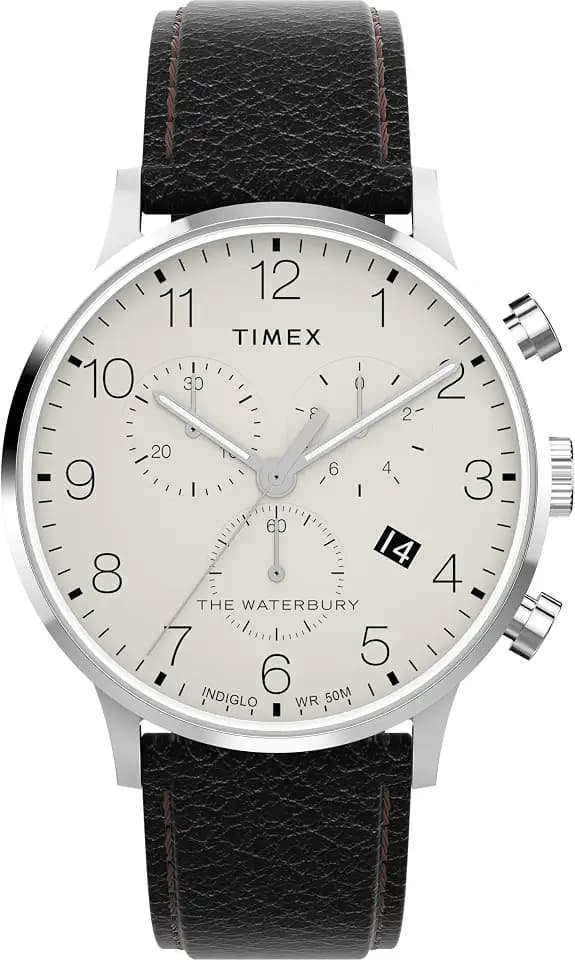 Timex Waterbury Herren-Armbanduhr, 40 mm, schwarzes Lederarmband, cremefarbenes Zifferblatt, Edelstahlgehäuse TW2Y29400