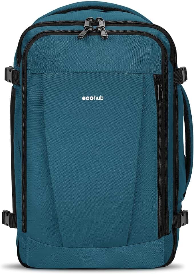 ECOHUB Rucksack 40x20x25 Ryanair Handgepäck 13 Taschen Reiserucksack Flugzeug Carry-ons Wasserdichter Rucksack Damen Klein PET-Recycelte Umweltfreundliche 20L,Patentiert(Blau Grün)