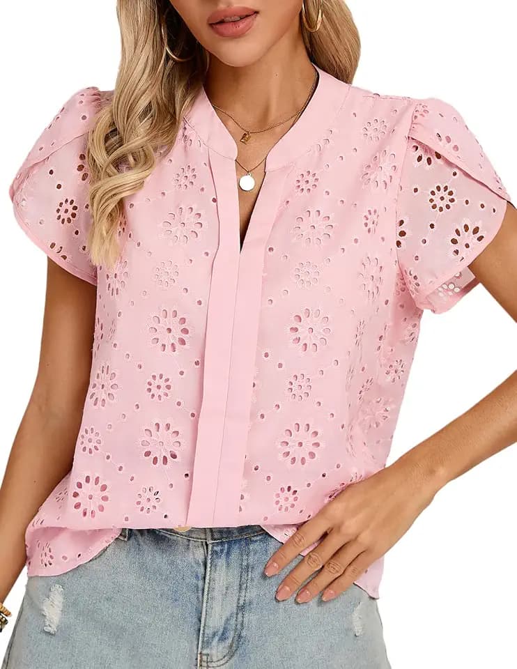 Women Eyelet Lace Embroidered Blouse Short Sleeve Dressy Casual Summer Top