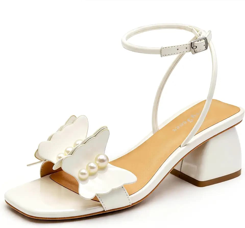 CosyFever Women's Pearl Butterfly Low Block Heel Dress Sandals