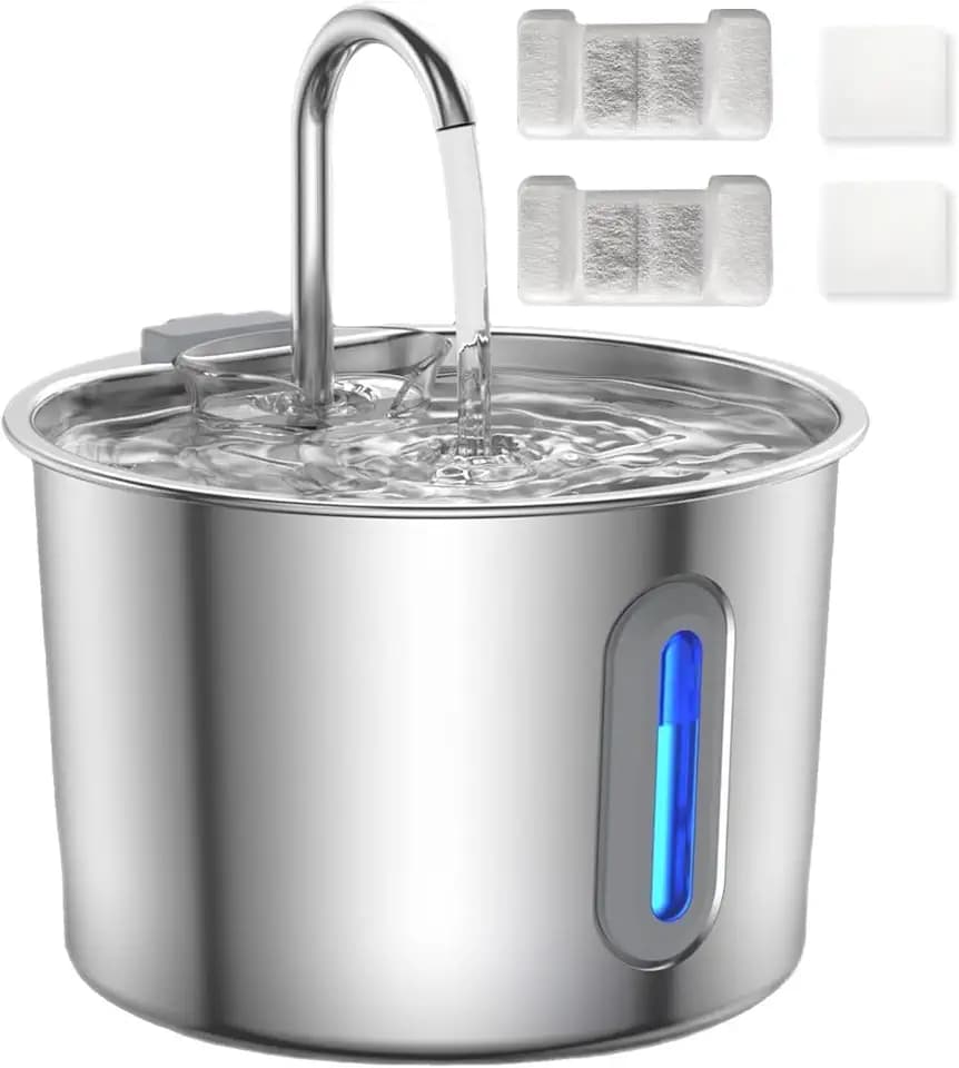 Edelstahl Katzenbrunnen 2,2L, Trinkbrunnen für Katzen mit LED & 2 Filtern