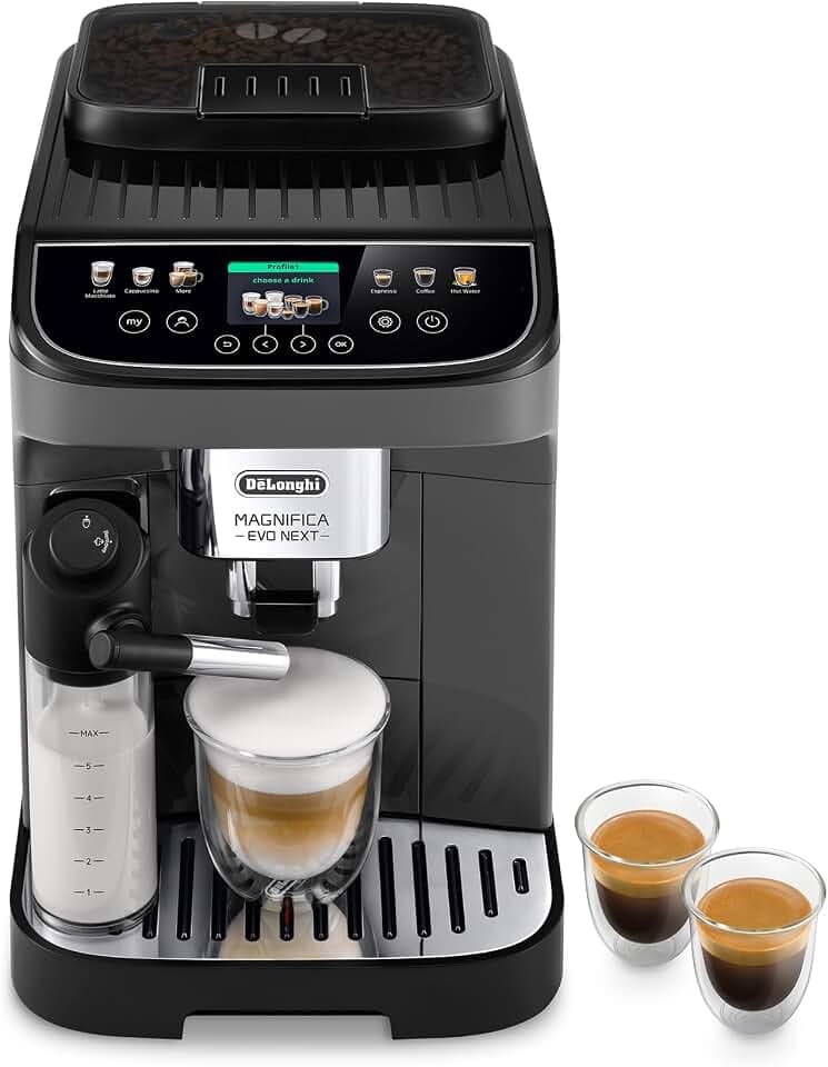 De'Longhi Magnifica Evo Next ECAM310.60.GB, Kaffeevollautomat für Kaffeebohnen, Automatischer Milchaufschäumer für Cappuccino, 10 Personalisierbare Rezepte, Soft Touch Farbdisplay, Gris/Schwarz