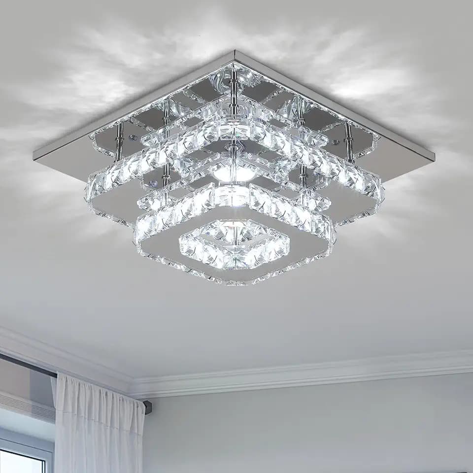 9.8" Square Semi Flush Mount LED Crystal Ceiling Light Cool White