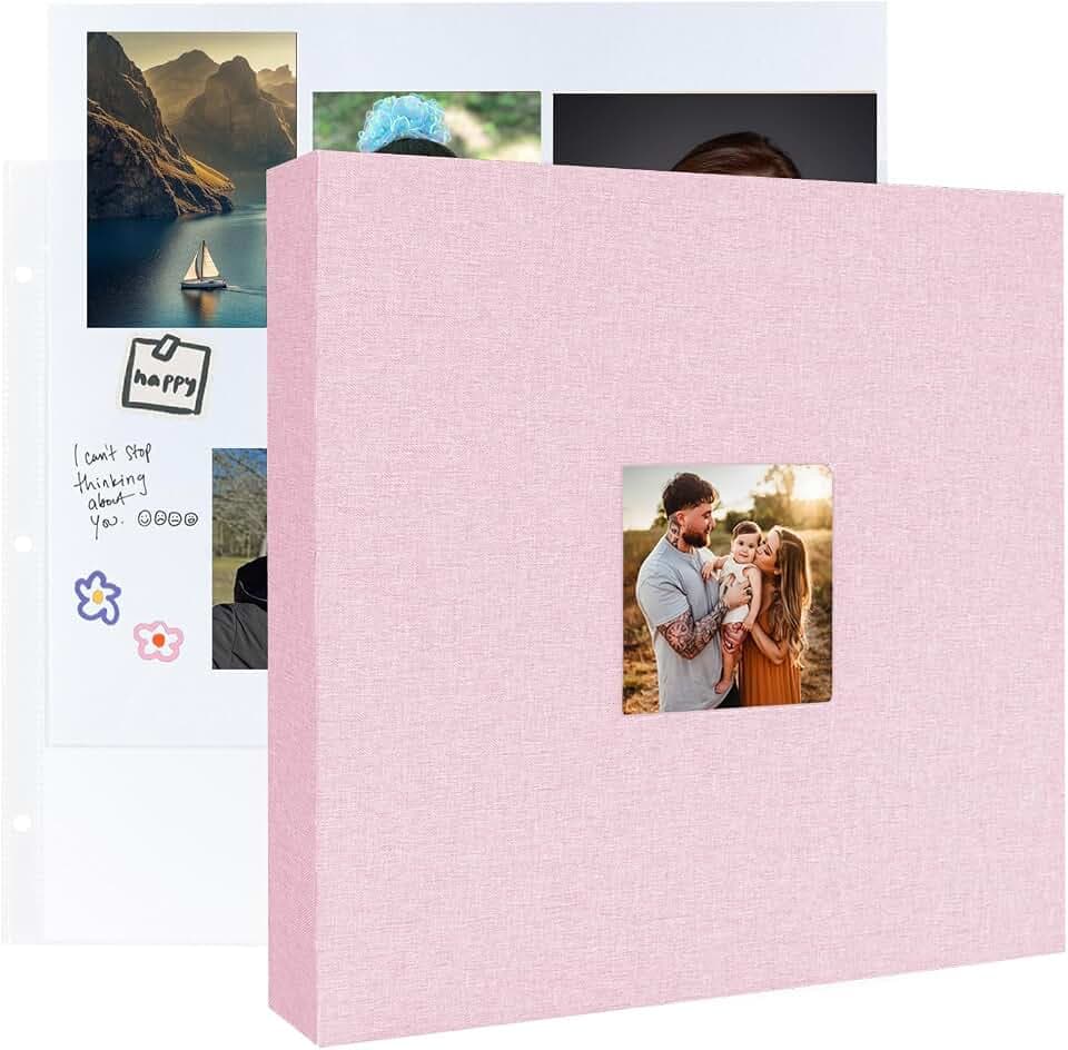 12x12 Inch Large 3 Ring Binder Scrapbook Album, Linen Cover Scrap Books 50 Pocket with Plastic Sleeves Protectors Display 100 Pages 12 x 12 Art Portfolio for Wedding Baby Adventure Pink