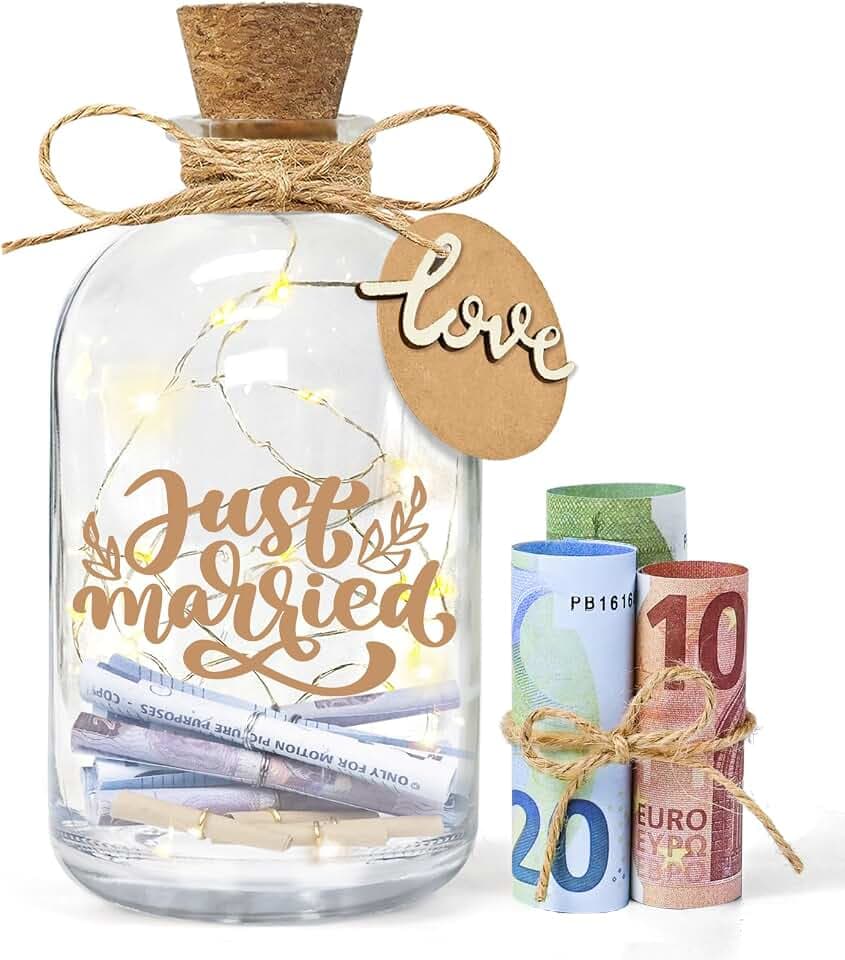 Ulikey LED Flaschenlicht Hochzeit, Geldgeschenke Hochzeit Verpackungen, Hochzeitskasse Spardose Personalisiert, Hochzeitsgeschenke Geld Leuchtflasche für Brautpaar und Frisch Verliebte (Just Married)