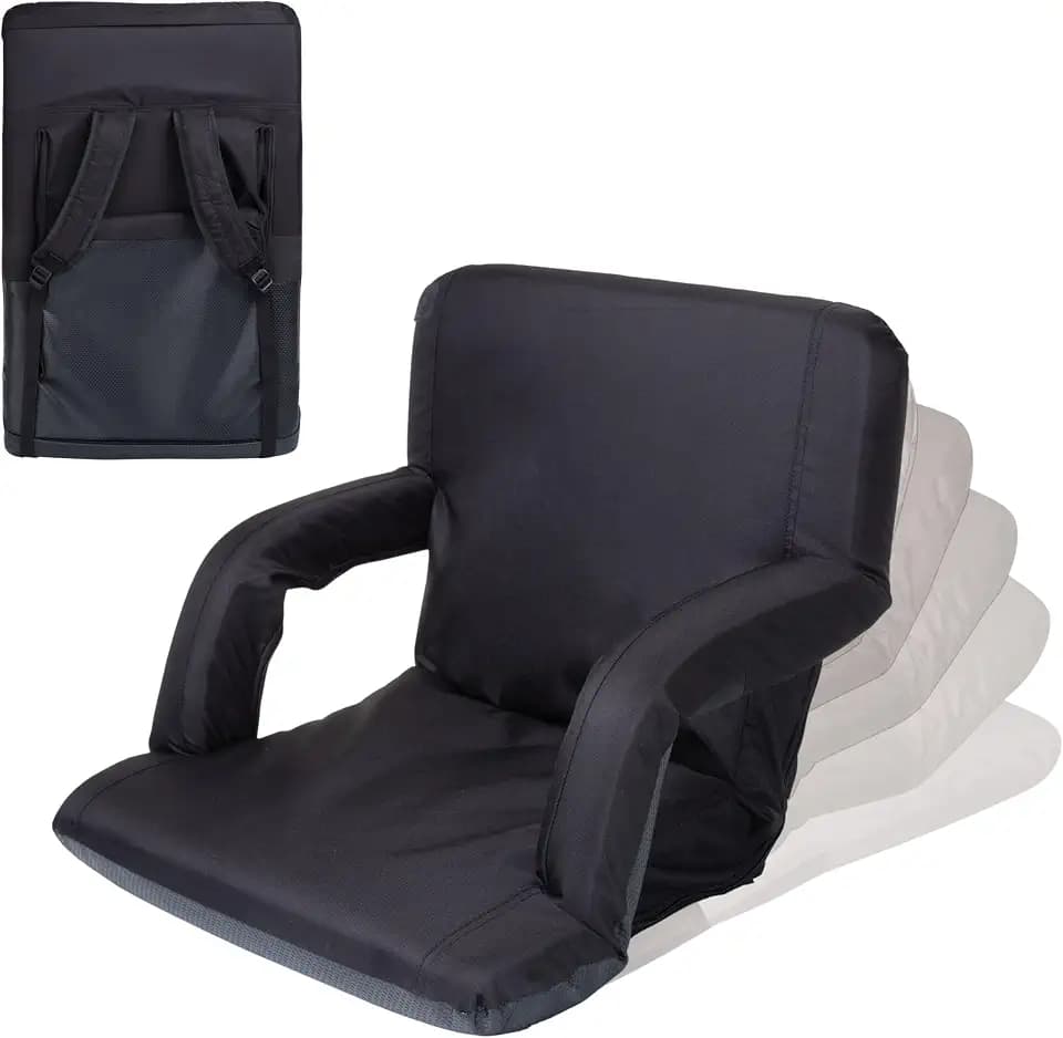 PICNIC TIME Ventura Stadium Seat for Bleachers with Back Support - Portable Reclining Folding Chair, 6 Positions, Padded Cushion Armrests, Lumbar Adjustable Backrest, Backpack Straps, (Black)
