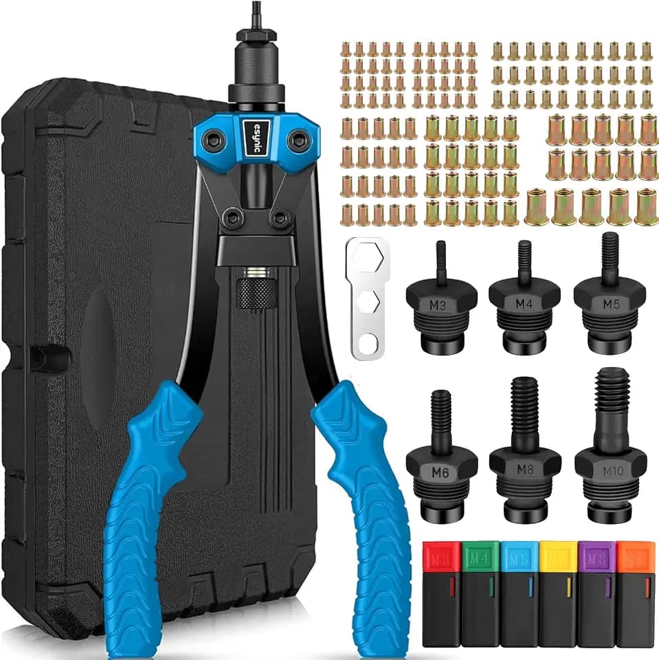 eSynic Professional Rivet Nut Tool Kit - 6 Mandrel Set with 125pcs Rivet Nuts【M3-M10】-Heavy Duty Durable Hand Rivnut Gun Kit for Metal/Wood/Auto Repair-Non-Slip Grip & Storage Case Included