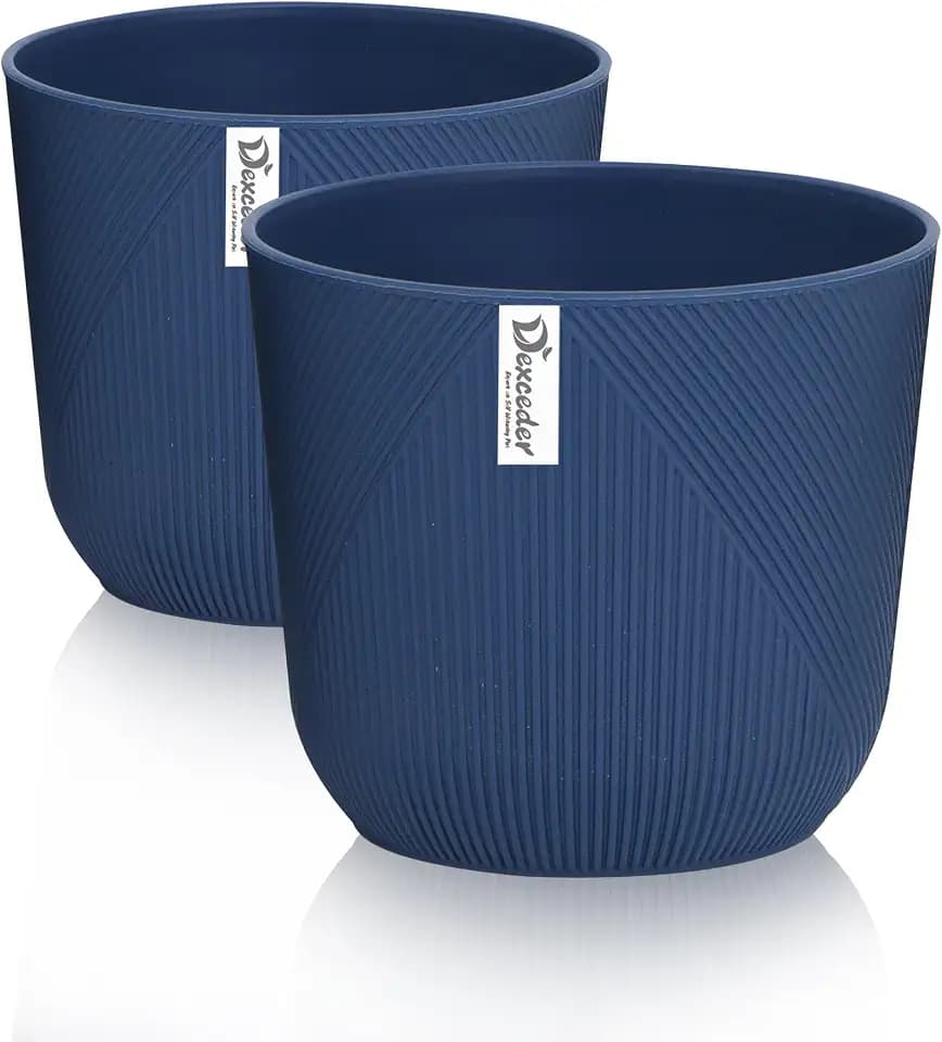 Dexceder 9x8 Narrow Striped Flower Plant Pot (2 Pack, Deep Blue)