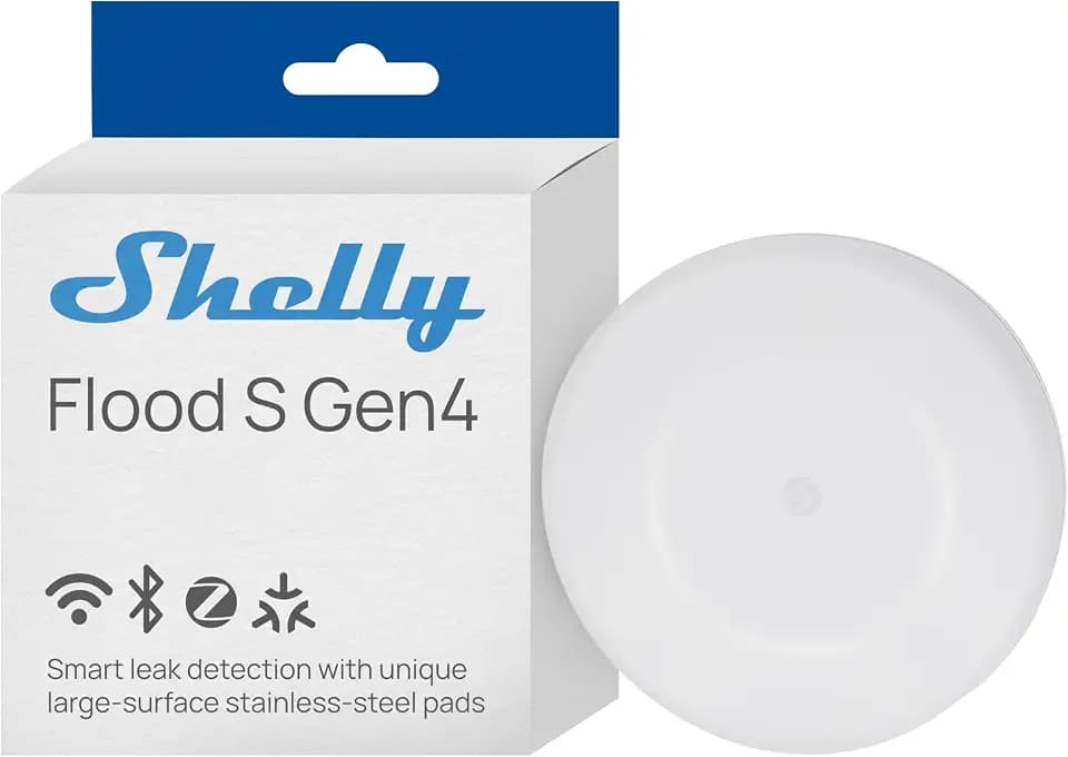 Shelly Flood S Gen4 - Smarter WLAN Wassermelder mit Matter, Zigbee, IP67 Schutzklasse, Edelstahl-Sensorpads, 2 Jahre Batterielaufzeit, Lokaler Summer, Hochwasser- und Regen-Erkennung, Kein Hub