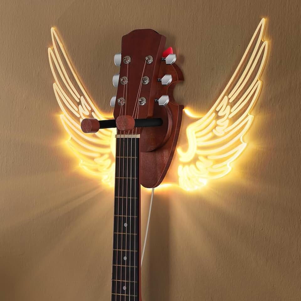 ETELI Guitar Wall Mount with Acrylic LED Light Wood Guitar Wall Hanger with Pick Holder Guitar Holder Wall Mount for Acoustic, Electric, Bass and Ukulele Gift