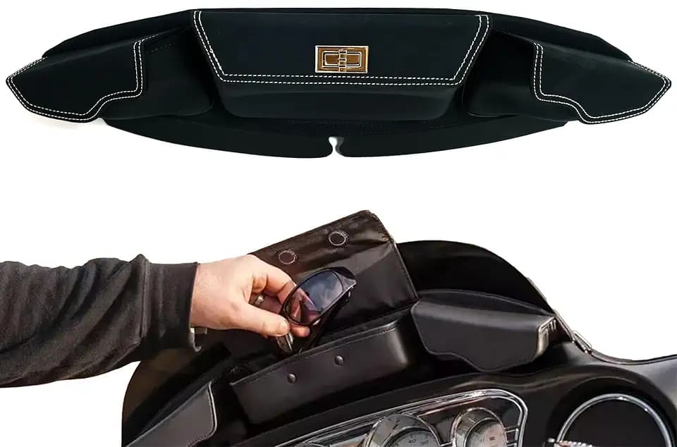 Motorcycle Fairing Windshield Storage Pouch with Magnetic Closure, Compatible with FLH/FLT Touring Models 2014-2024 (White Edge)