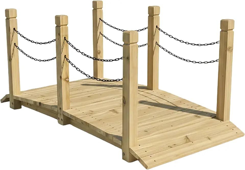 Relaxdays Garten Brücke, Pfosten mit Ketten, Tannenholz, für Gartenteich, HxBxT: 55 x 150 x 67 cm, Holzbrücke, Natur