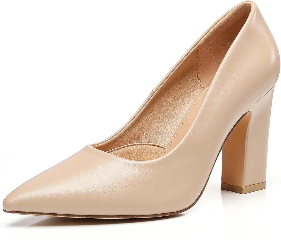 Trary Heels for Women Closed Pointed Toe Chunky Pumps Shoes Women Block High Heels Comfortable Slip-On Dress Office Party Wedding Shoes 3.54" Heel