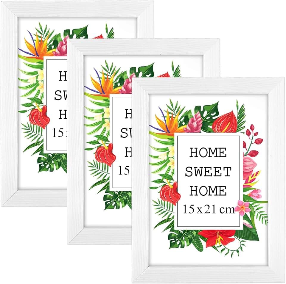 MG Design Set aus 3 Weiß Bilderrahmen 15 x 21 cm – Aus echtem Holz mit Acrylglas, zum Aufhängen & Aufstellen, für Fotos, Poster & Puzzle