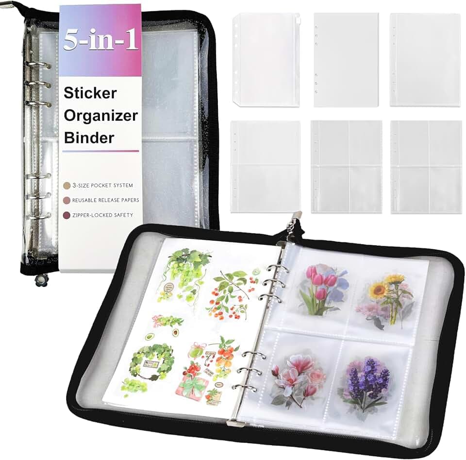 5-in-1 Sticker Organizer Book Reusable A5 Storage Binder with 220 Pockets,10 Release Papers, Zipper Album Sticker Collecting Display Keeper (Black)