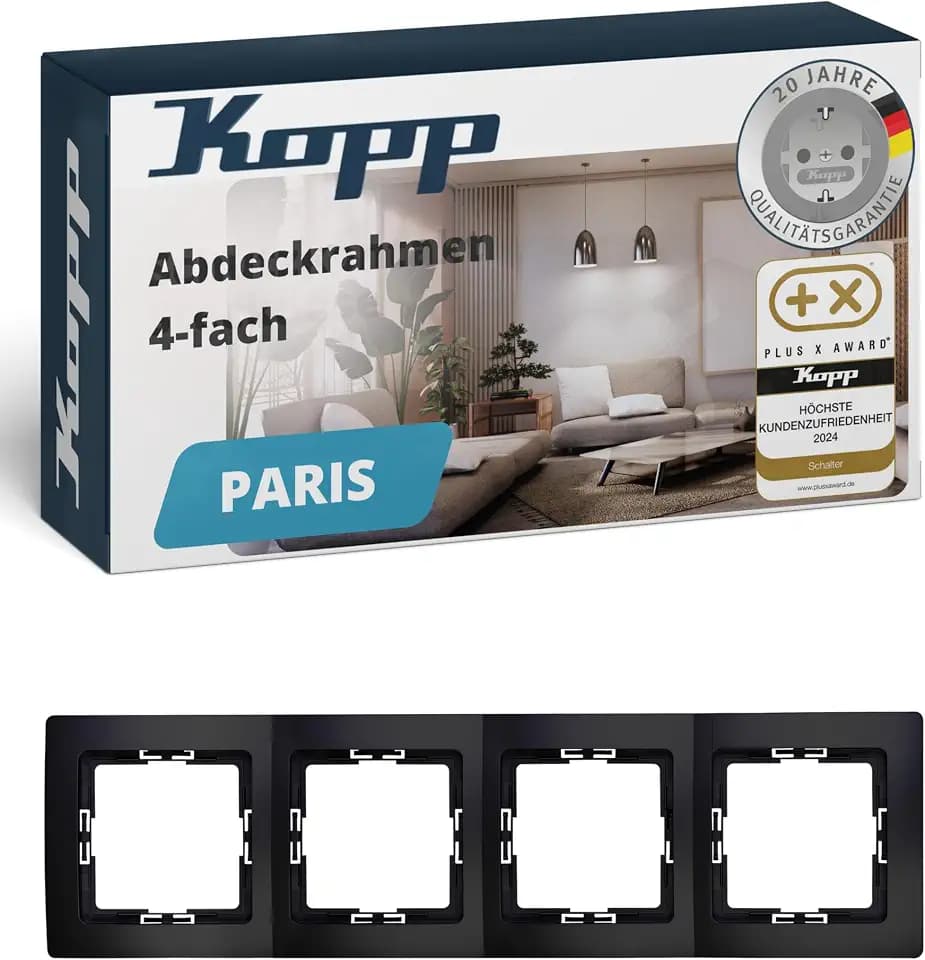 Kopp PARIS 4-fach Abdeckrahmen in Matt-Schwarz - 8,3 x 29,6 cm - Rahmen für Steckdosen & Schalter - Stilvoller Steckdosenrahmen aus Kunststoff - Hochwertiger Lichtschalter-Rahmen