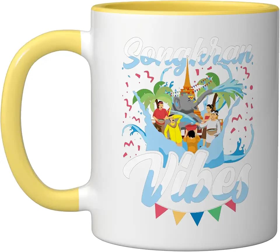 Songkran Vibes - Thai New Year Ceramic Mug, Yellow/White, 11oz