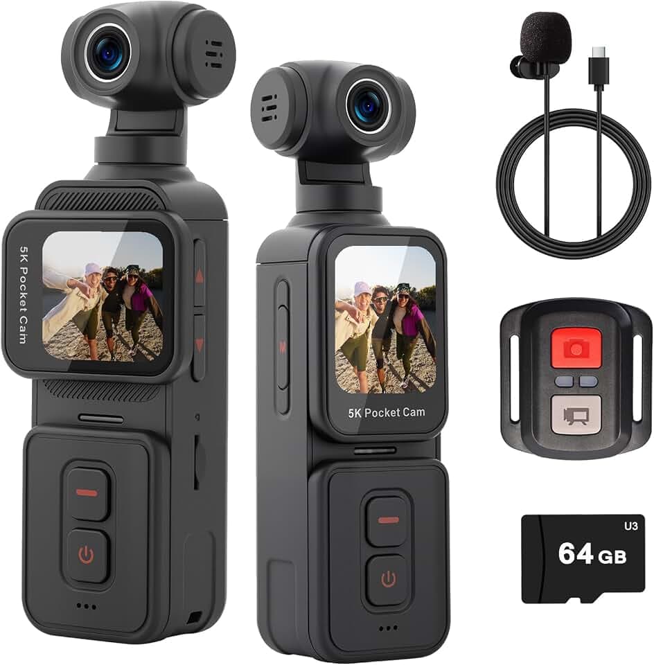 Vlogging Pocket Camera 5K with Remote Rotating Lens, Face Tracking