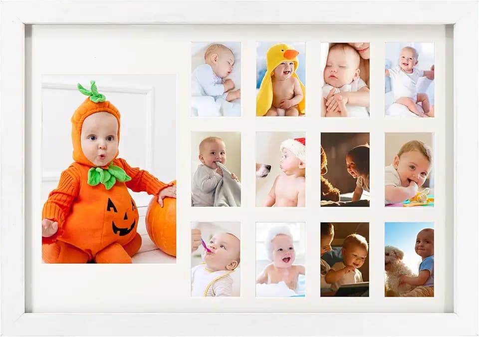 GMFrames 12 Month Picture Frame Baby First Years Photo Frames School Years Graduation Photo Collage White Horizontal Frame with Mat, Displays One 5x7 Photo and Twelve 2x3 Pictures