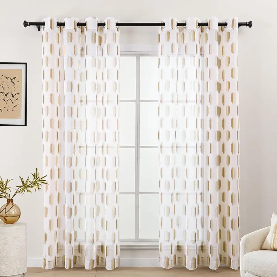 L.Z.E White Brown Sheer Curtains 63 Inch Length 2 Panels Set, Geometric Dot Pattern Transparent Curtains & Drapes for Living Room Bedroom, See-Through Window Sheers with Grommet Top