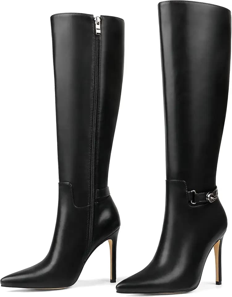 COLETER Women Knee High Boots Pointed Toe Stiletto Buckle Slouch Tall Boots