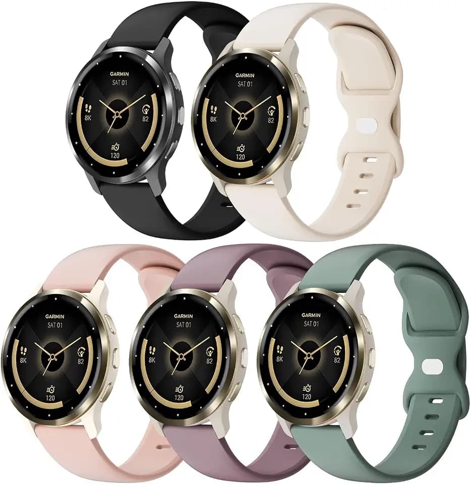 5 Pack 18mm Silicone Watch Band Compatible with Garmin Vivoactive 4S/Vivomove 3S/Venu 3S 41mm/Venu 4 41mm/Venu 2S/Forerunner 255S/265S, Quick Release Soft Sport Straps for Women Men