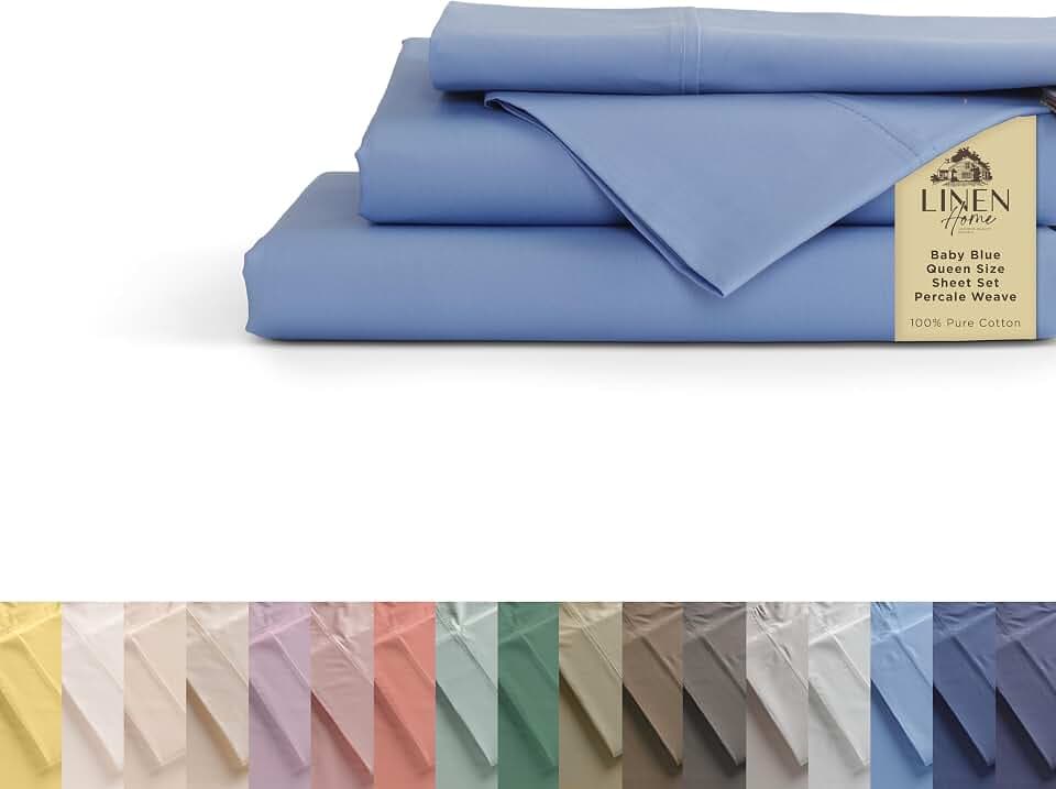 Linen Home 100% Cotton Percale Sheets Queen, 4 Pc Cooling Set - Baby Blue