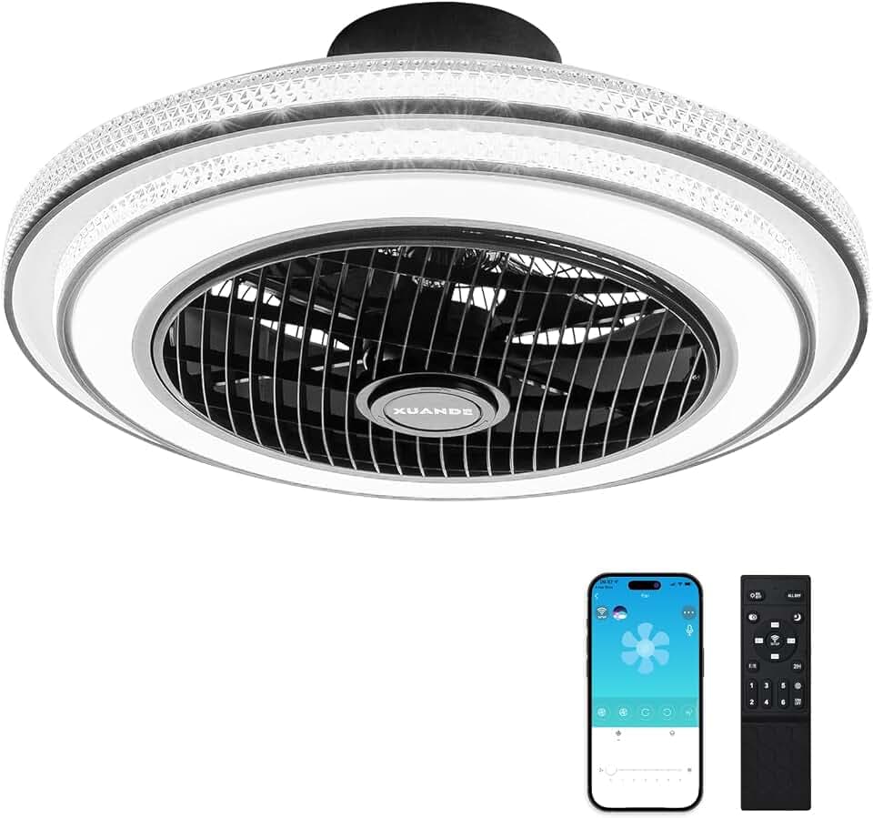 XuanDe Ceiling Fans with Lights and Remote Quiet, 20" Enclosed Ceiling Fans Modern Low Profile DC Motor 6 Gear Wind Speeds 3 Colors Stepless Dimming