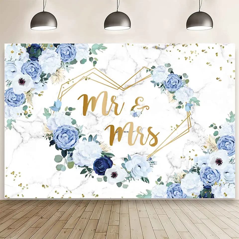 AIBIIN 5x3ft Mr and Mrs Floral Backdrop for Bridal Shower Blue and White Flowers Photography Background Hearts Geometric Couple Wedding Party Decorations Bride to Be Engagement Banner Props