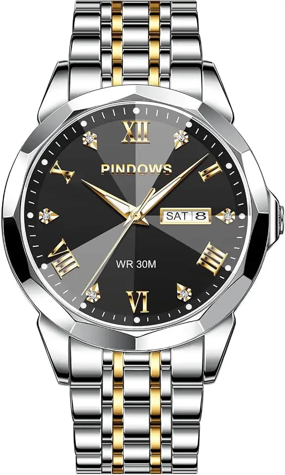 PINDOWS Uhren Herren Retro Zweifarbig Edelstahl Quarz Armbanduhr