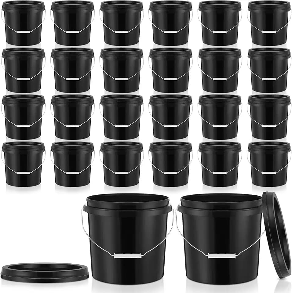 Tioncy 24 Pcs 2 Gallon Plastic Buckets with Lids, Handles, Black