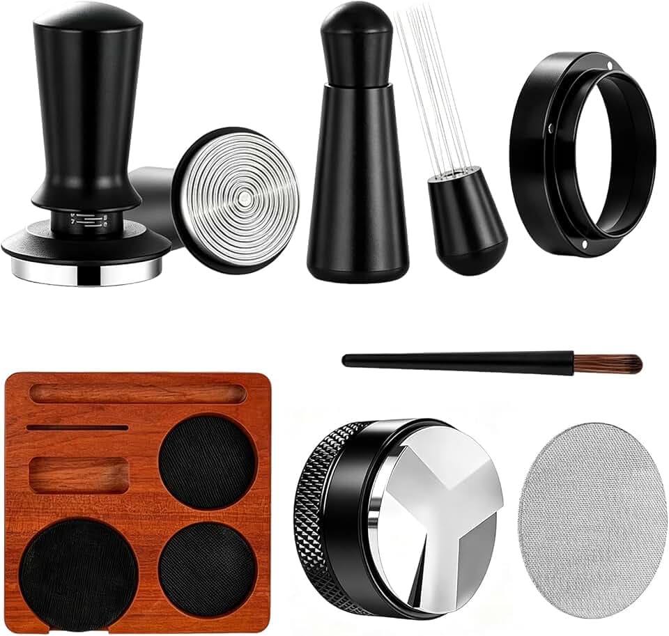 Espresso Tamper 58mm Set, 7-teiliges Barista Zubehör mit Tamper, WDT Tool, Distributor, Dosiertrichter, Puck Screen, Tamperstation und Reinigungsbürste