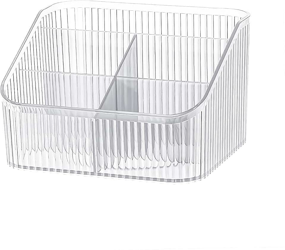 DASITON Large Capacity Makeup Brush Holder,5 Slot Makeup Brush Cup,Vintage striped Make Up Brush Holder,for Vanity Decor,Bathroom Countertops,Desk Storage Container,Cosmetic Display cases(Clear-L)