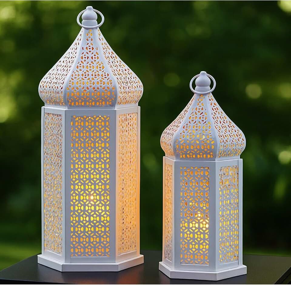 Große marokkanische Tempelturm-Laternenlampe, dekorative Kerzenhalter für Ramadan, zum Aufhängen, Terrasse oder Veranda im Freien, Hochzeiten, Weiß, 2er-Set