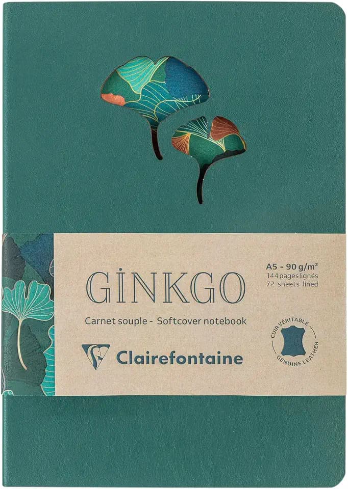 Clairefontaine 115949C - Notizbuch Ginkgo, aus Leder, DIN A5 14,8x21 cm, 72 Blatt liniert 90g, farbig sortiert, 1 Stück
